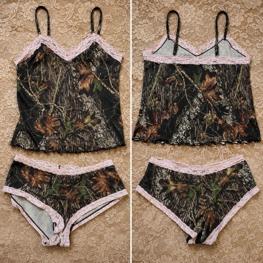 Y2K Camo Lingerie Set Pink Lace Camisole Pajama M 2000s Country Coquette Cabin